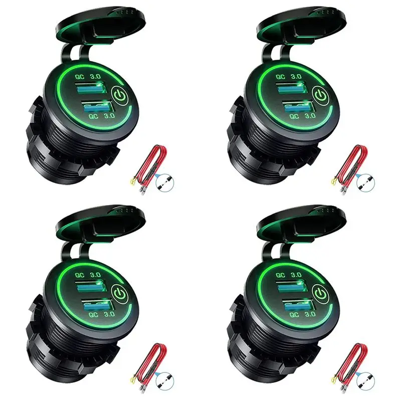 

4X QC 3.0 Dual USB Socket,Waterproof 12V/24V USB Outlet With Touch-Switch For Car, Marine,Boat,Motorcycle,Green