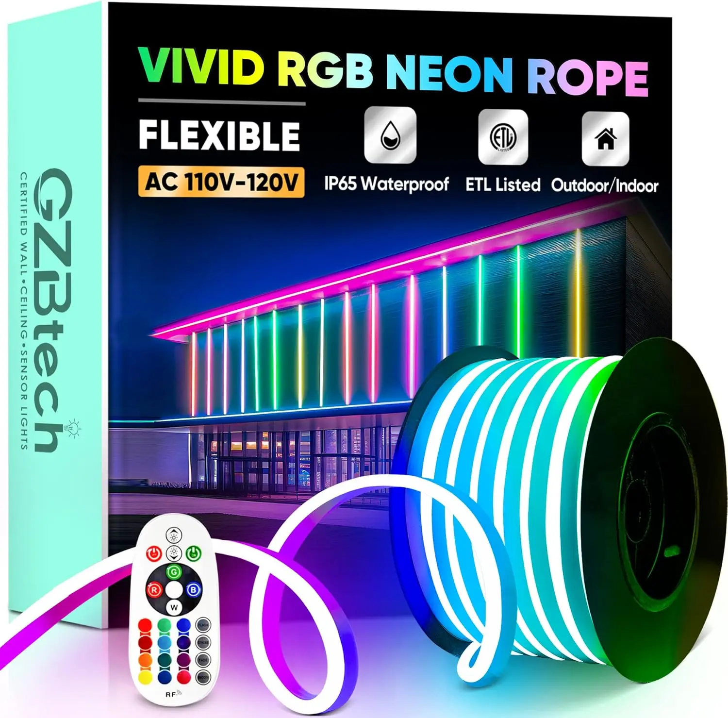 

Светодиодные неоновые веревочные светильники RGB 50 футов/15 м, водонепроницаемая светодиодная веревка переменного тока 110-120 В, меняющая цвет, с пультом дистанционного управления, многоцветная с регулируемой яркостью