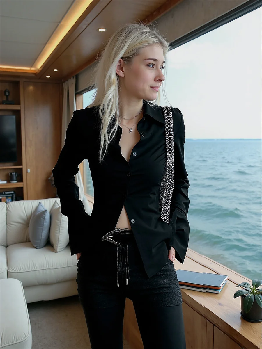 

Flare Sleeve Slim Shirts Not Oversized Blouses Elegant Women'S Clothing 2025 Trend Winter Professional Attire Organza Decorated