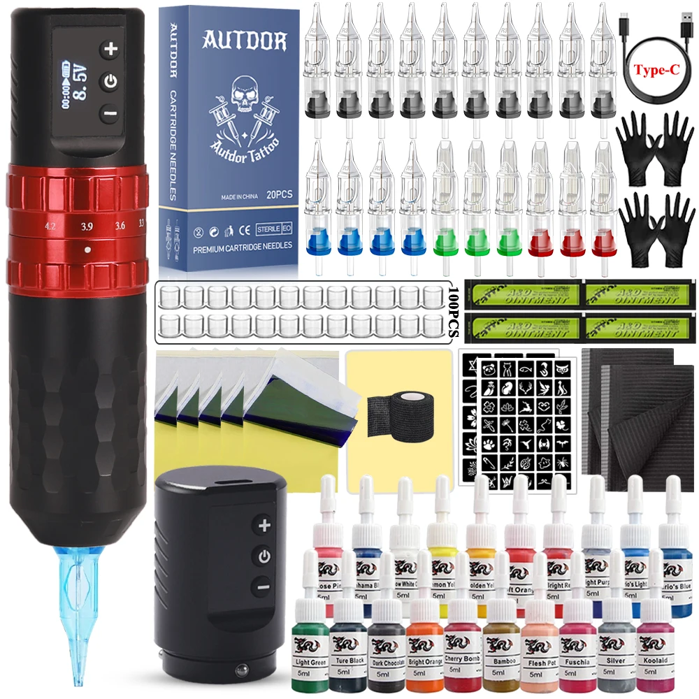 Wireless Tattoo Pen Machine Kit Coreless Motor 2 Battery Tattoo Pen with Mix Cartridge Needle Ink Set for Tattoo Artist Beginner