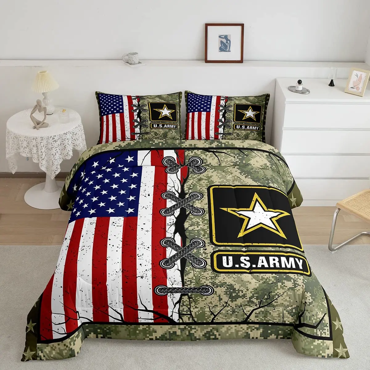 3 Pcs Grey Camo Comforter Bedding Set Full Size, Camouflage Army Design Bedding Collections for Kid Boy, Soft All-Season Bed Set