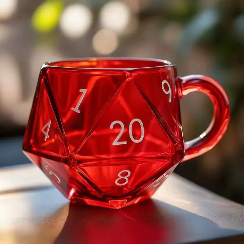 Transparent Glass Rainbow D20 Dice Mug with Handle Fantasy Themed Polyhedral Dice Coffee Cup Game Mug for RPG Lovers
