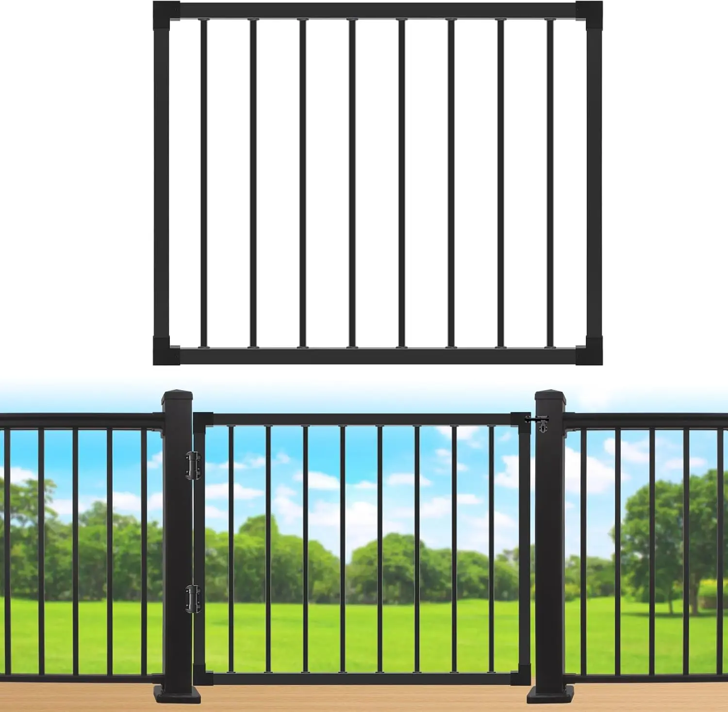 بوابة سياج سطح السفينة في الهواء الطلق، بوابة سطح السفينة 42 بوصة ارتفاع × 48 بوصة عرض أسود عالي التحمل مضاد للصدأ مع عرض قابل للتخصيص، بوابة معدنية لإعادة الإعادة #1