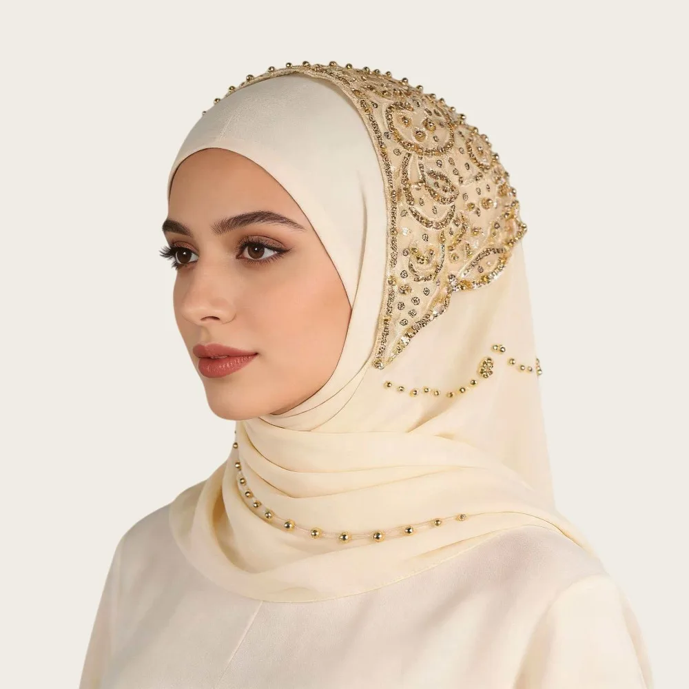 

New Chiffon Muslim Instant Turban Breathable Full Cover Turbans Head Solid Color Rhinestone Chiffon Scarf