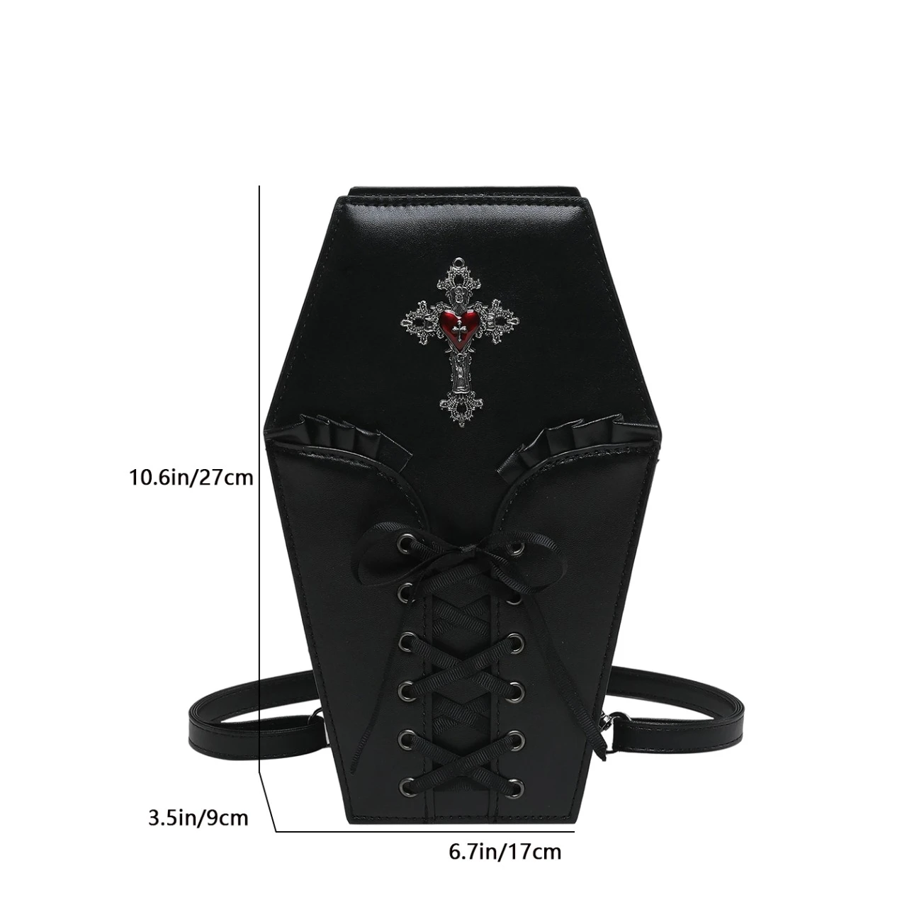 Coffin Shape Handbag for Women, Gothic Cross Red Heart Shoulder Bag, Lace Up Punk Style Crossbody Bag, Backpack Tote Daily