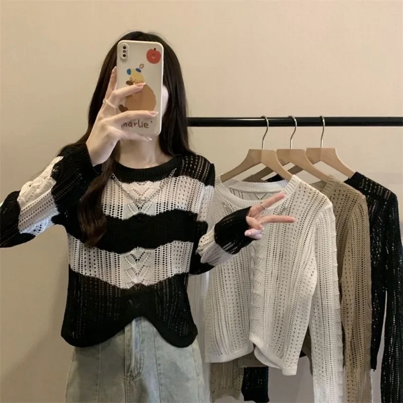 

Осенний модный женский свободный полосатый пуловер с длинным рукавом, свитер, осенний винтажный солнцезащитный крем с круглым вырезом, повседневный вязаный топ