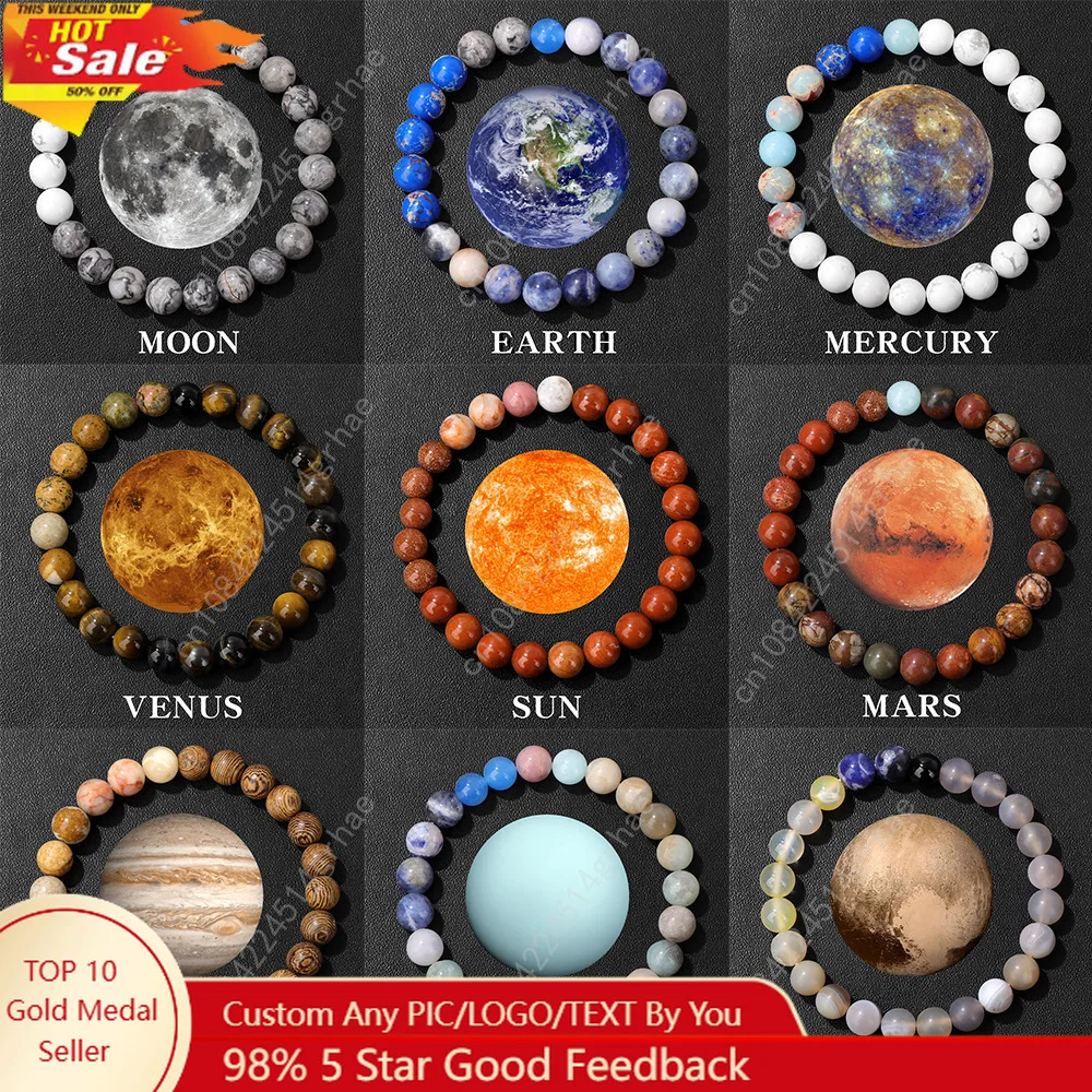 

HNSP 8MM Bead Bracelet For Men Women Solar System Planets Hand Rosary Accessories Sun Moon Earth Rope Bracelet
