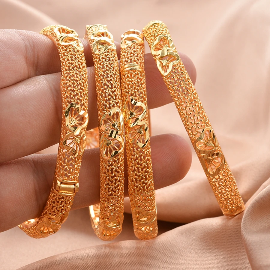 

4PCS/Lot Gold Plated Bangles Dubai African Copper Bracelet Indian Jewelry with Charm Middle East Jewellery for Women ﻿