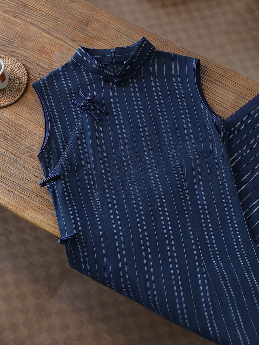 

Новое китайское синее полосатое ципао с низким разрезом, миди, в стиле ретро, для повседневной носки, простой дизайн для молодых женщин