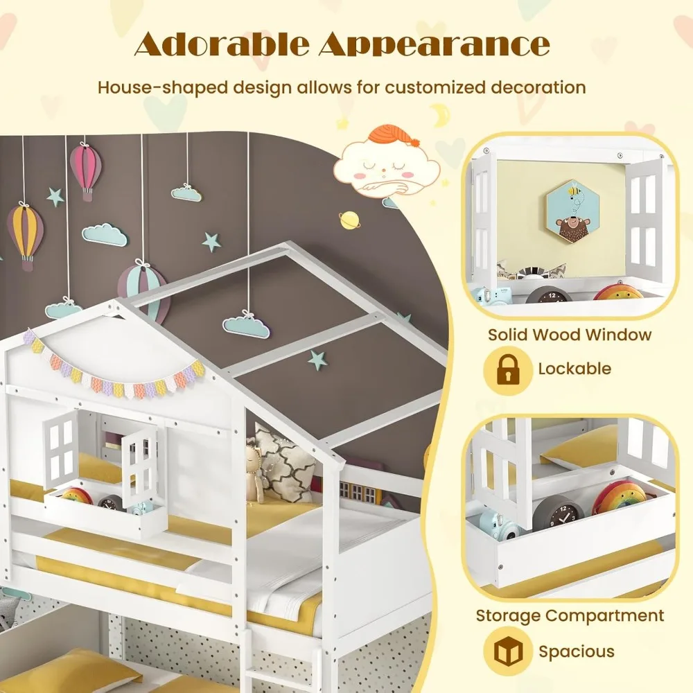 Giantex Lit superposé double sur double, lit maison en bois pour enfants avec toit, porte fenêtre, boîte de rangement, garde-corps de sécurité, lattes en bois et La
