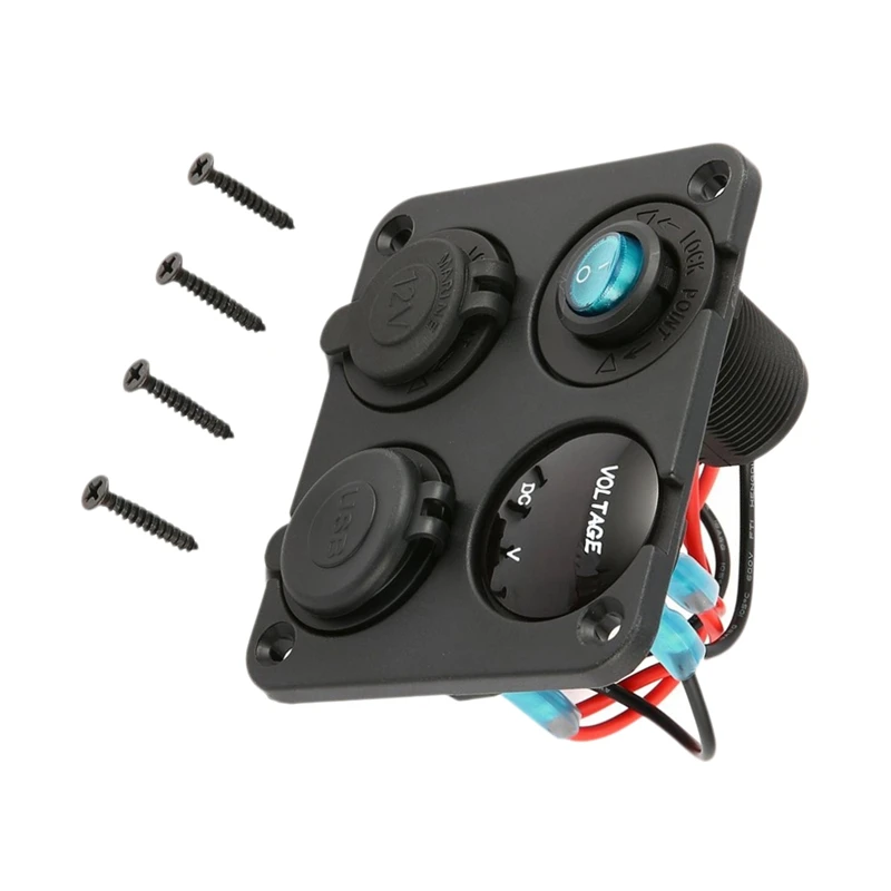 4 In 1 Dual USB Ports Charger, LED Voltmeter, 12V Power Socket And On-Off Switch For Car,Boat & RV LED Switch Panel Blue