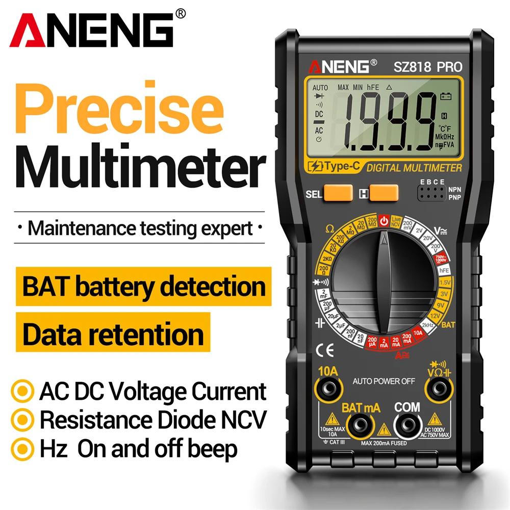

Smart Rechargeable Digital Multimeter Tester ANENG SZ818 PRO AC/DC Voltage Ammeter Pnp Npn Resistance hFE Capacitor tester tools