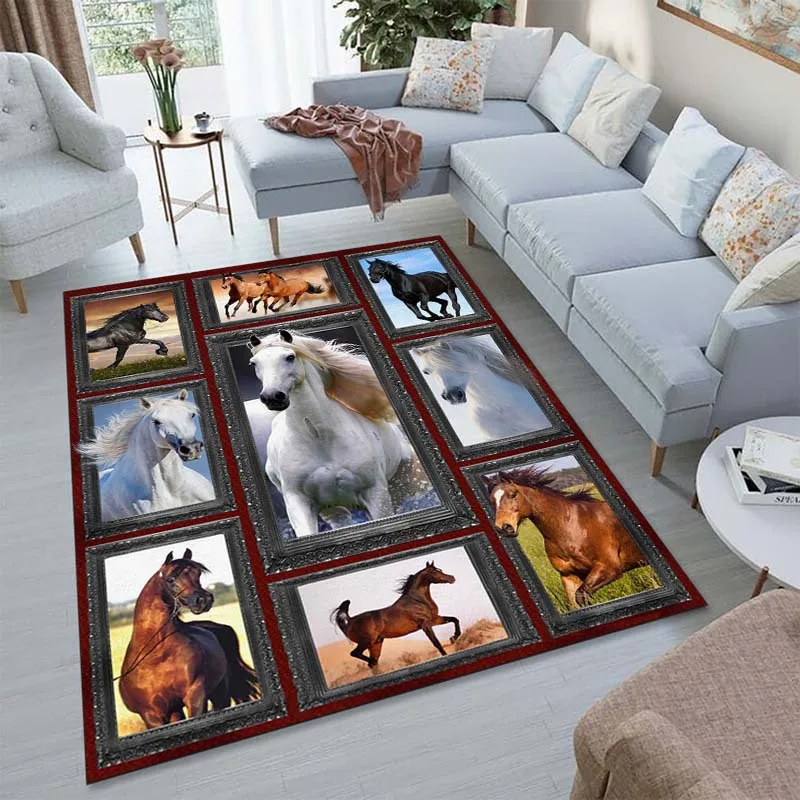 2D Flat Horses Photo Frames Collage Red Border Flannel Area Rug Non Slip Equestrian Theme Carpet For Living Room Bedroom Floor