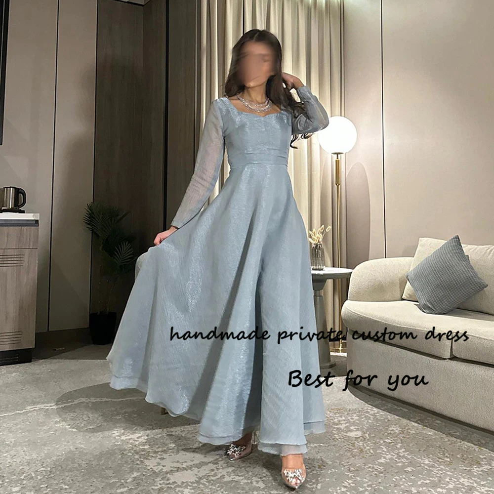 

Gray Organza A Line Evneing Dresses Long Sleeve Square Neck Arabian Dubai Formal Prom Dress Floor Length Evening Party Gowns