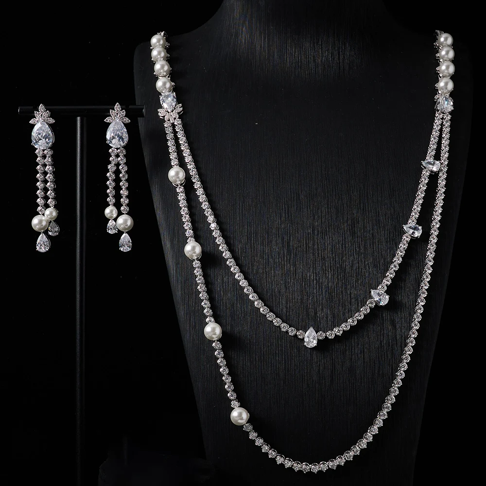 Ujove Women's Bridal Jewelry Set Pearl CZ Double Layer Long Necklace Tassel Drop Earrings for Wedding Party Accessories
