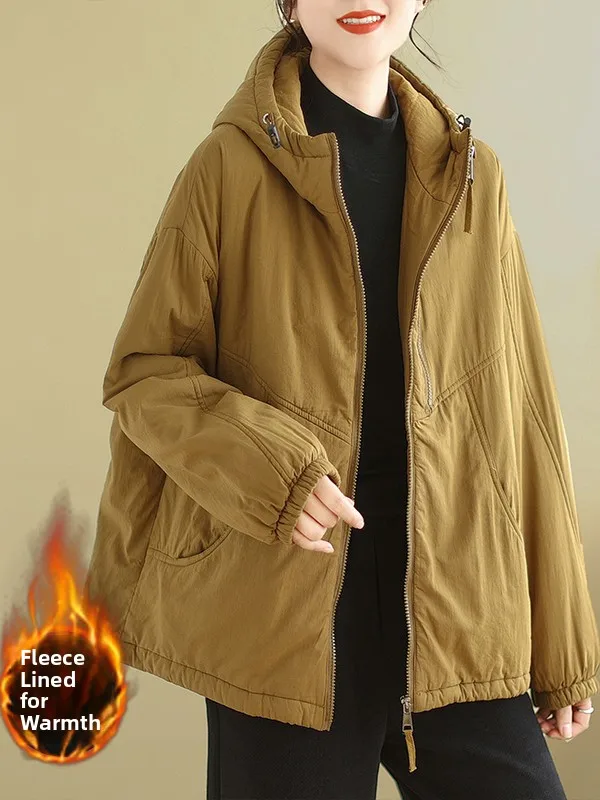 

Retro Winter Cotton Jaet Women's Loose Comfortable Dstring Hooded Interlined Cotton Coat Warm Thiened Long Sve Zipp...