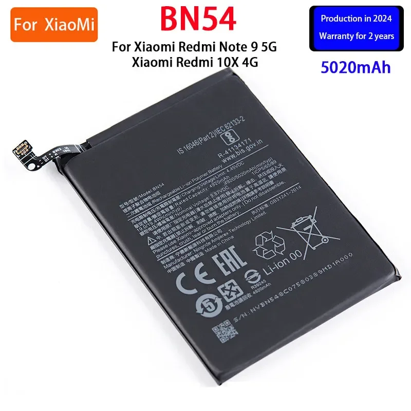 

2024 years Brand New BN54 5020mAh For Xiaomi Redmi Note 9 5G version Redmi 10X 4G version Replacement Batteries