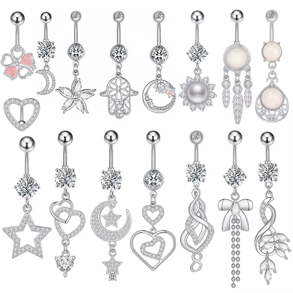 Mulited Styles Dangle Belly Button Rings Heart Opal CZ Barbells Navel Piercings Ombligo Oreja Surgical Steel Women Body Jewelry