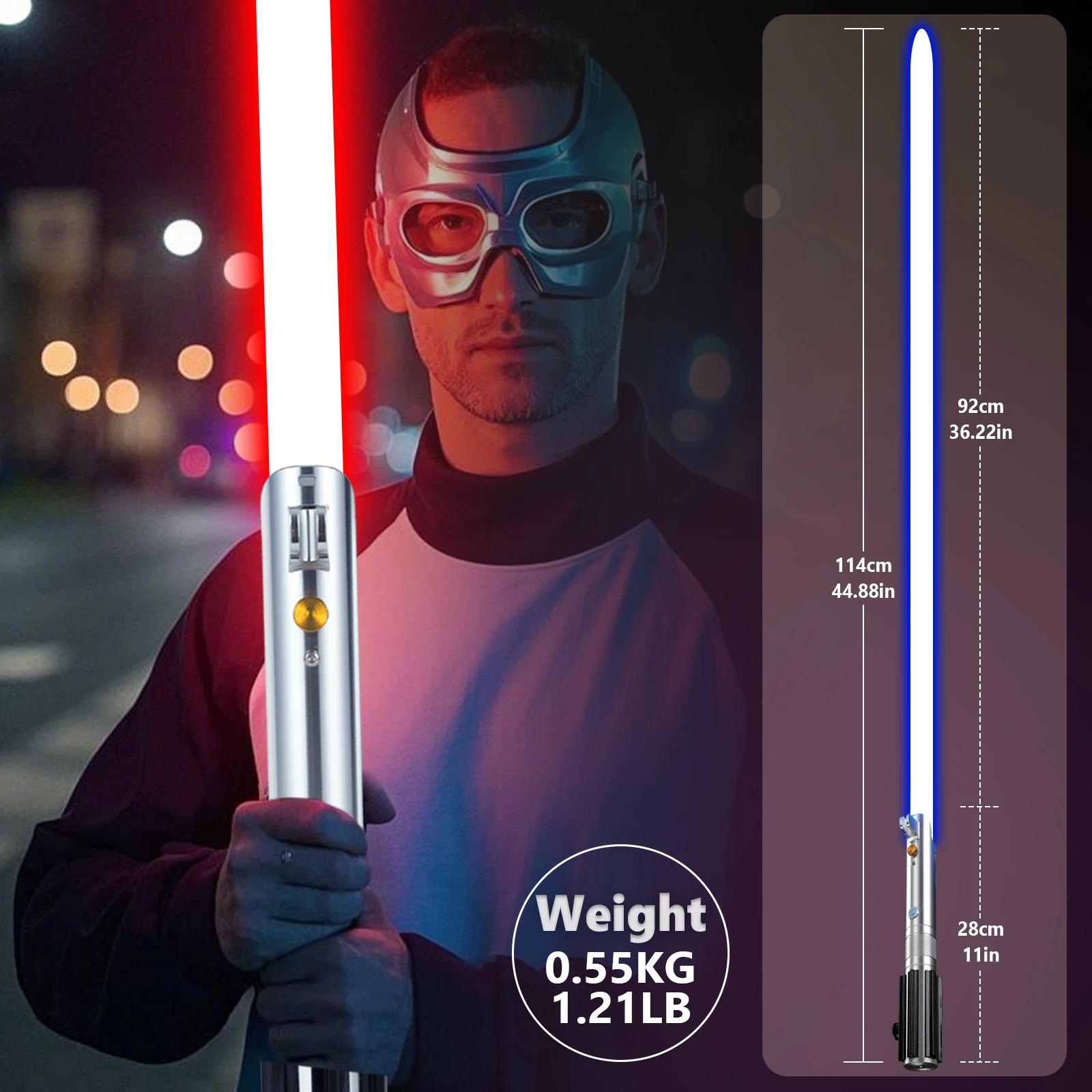 Sabre de luz de duelo iluminado PHS 16 cores RGB, 16 modos de som metal alumínio alça preta balanço suave dramatização lembrança de festa (177 cm)
