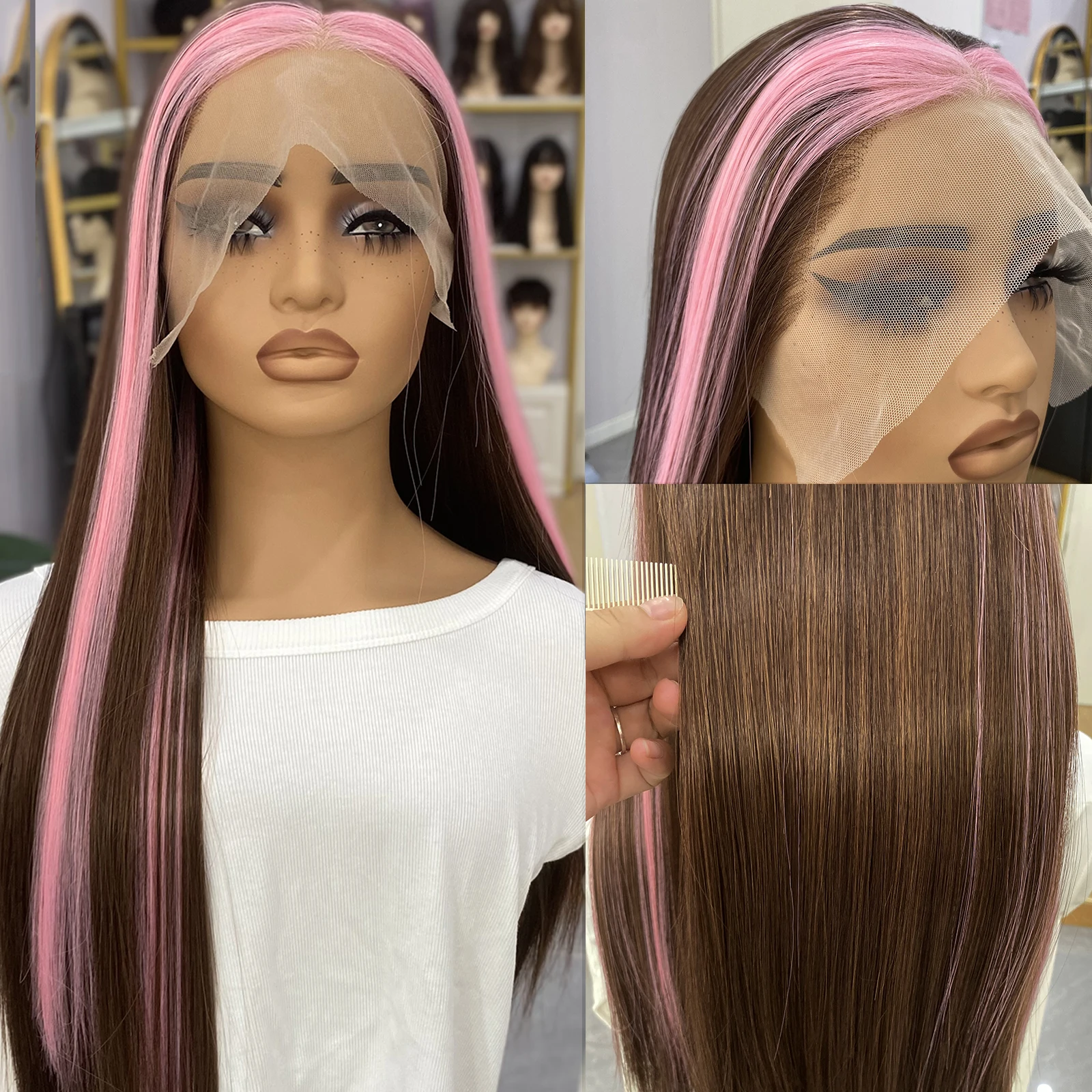 UStyleHair Brown Wig with Pink Highlights Synthetic Long Silky Straight Lace Front Wig Natural Hairline Daily Use Fashion Wigs