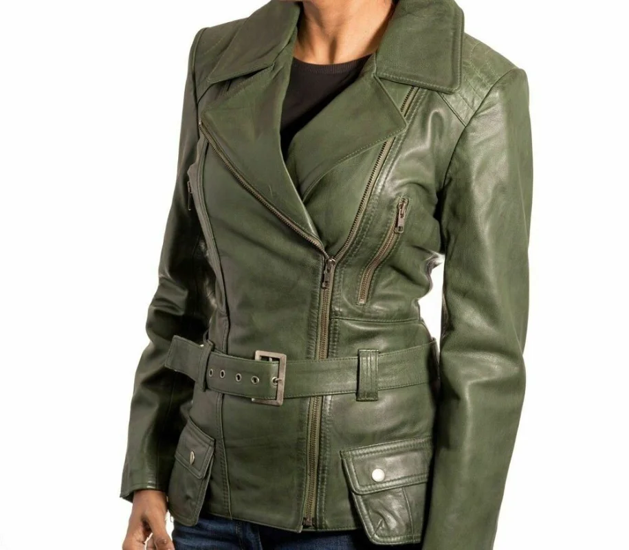 Women's Coat Leather Jacket Winter Long Size Women's Bicycle Warm Green European and American Fashion Trend