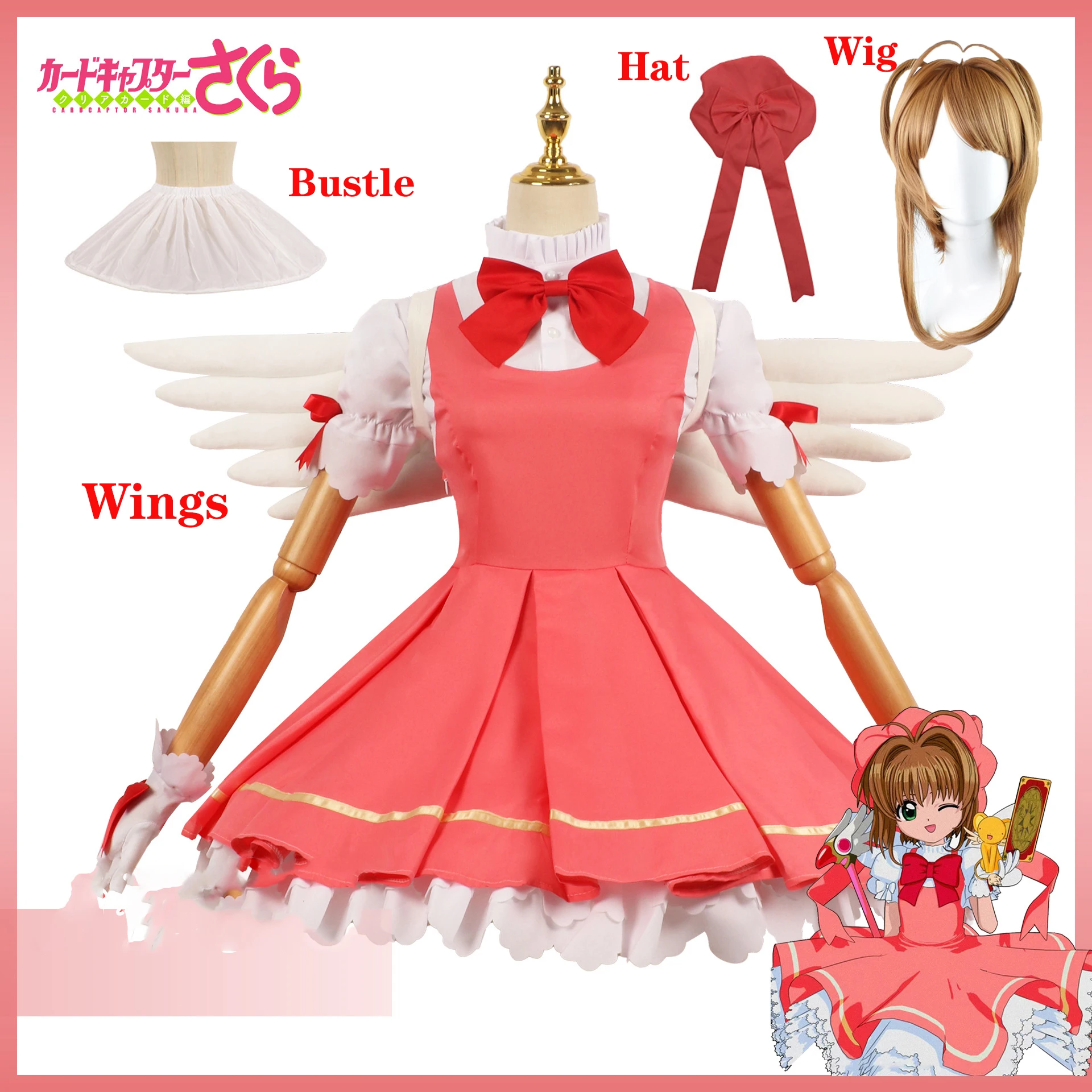 

Парик для косплея аниме Cardcaptor Sakura Kinomoto Sakura Clow Magician, костюм розового и белого цвета, боевая униформа, платье в виде крыла, Хэллоуин