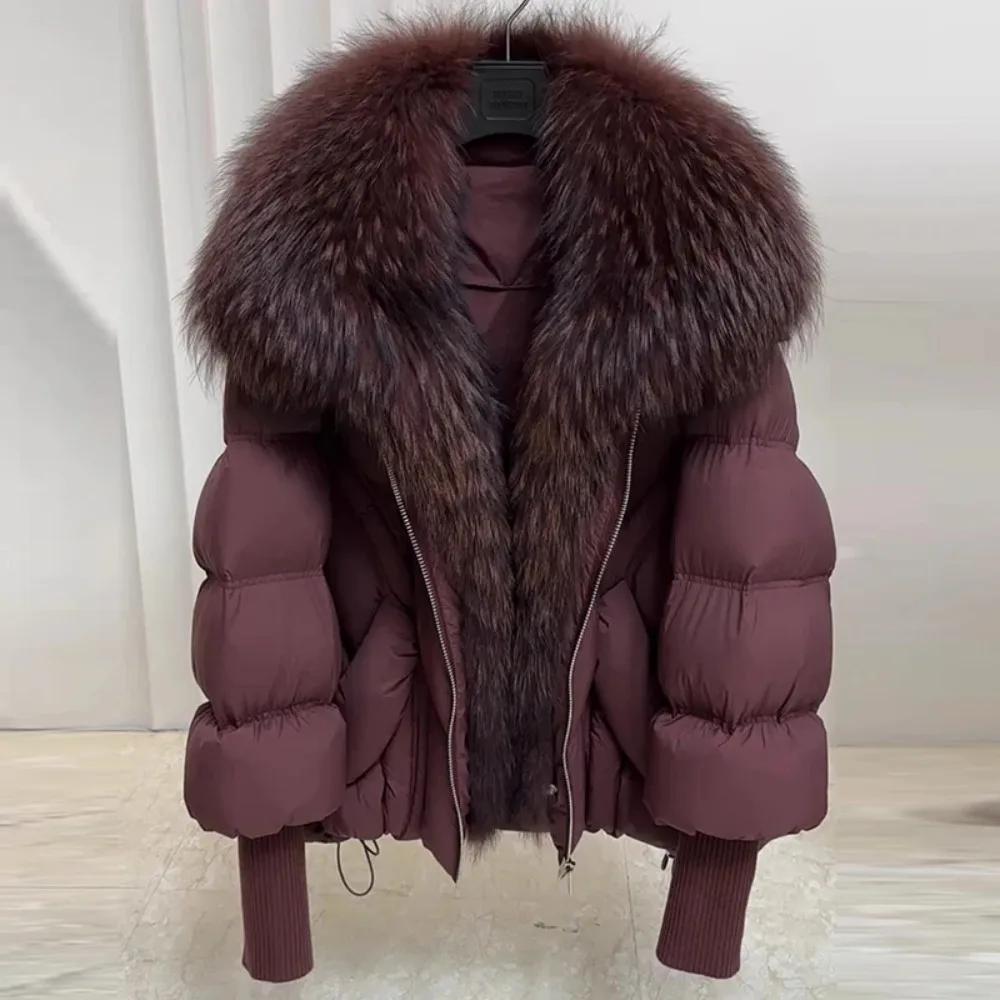OFTBUY-abrigo acolchado de piel de mapache auténtica para mujer, Parka de plumas de gran tamaño, chaqueta de plumón de pato blanco con manga tejida, novedad de invierno de 2025