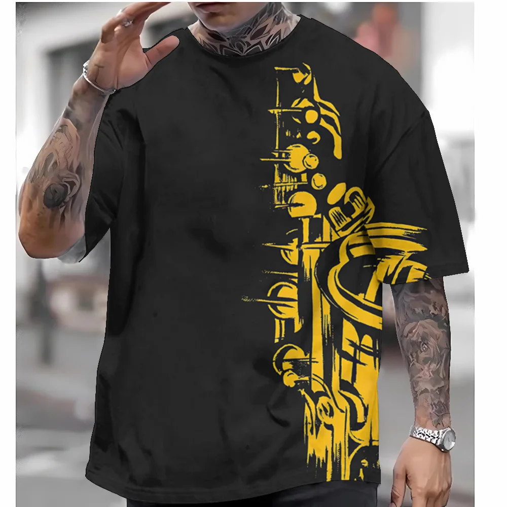 Saxophone Print Men\'s T-Shirt Summer Casual Short Sleeve T-Shirt Men Clothing Quick Drying Pullover Retro Oversized Tees For Men