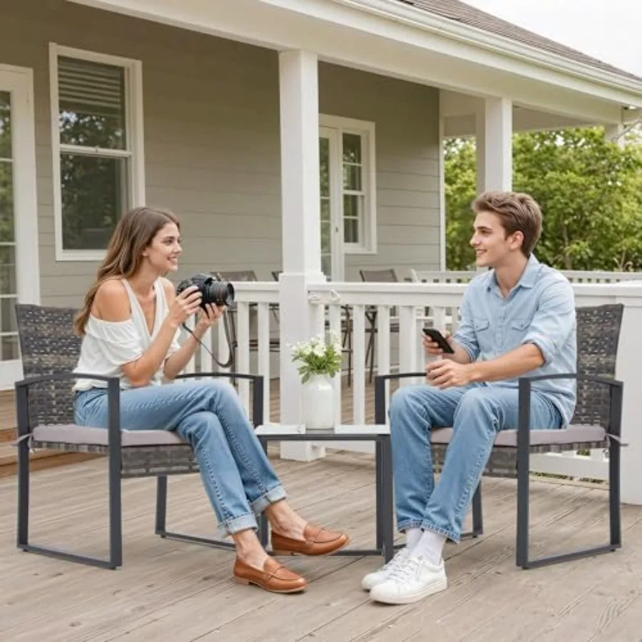 طقم بيسترو روطان خارجي مكون من 3 قطع مع طاولة قهوة لشرفة الحديقة بجانب حمام السباحة والفناء الخلفي يتميز بإطار فولاذي متين وC