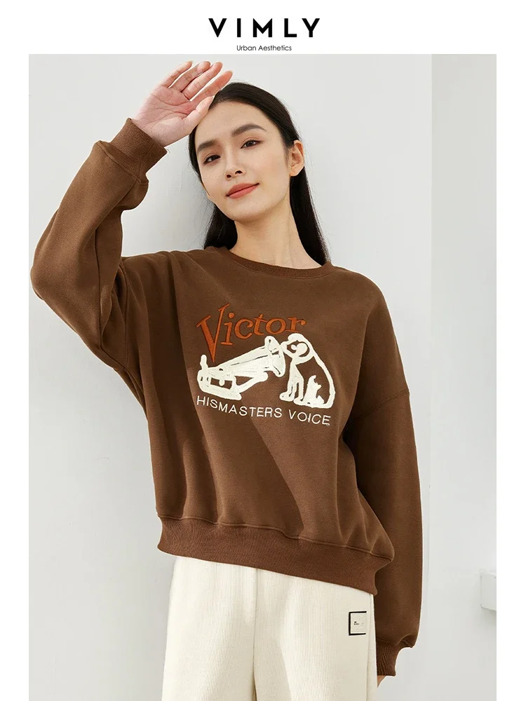 Vimly Coffee Casual O-neck Sweatshirt 2023 Winter New Letter Thick Loose Pullovers Women\'s Long Sleeve Top Female Clothing M5301