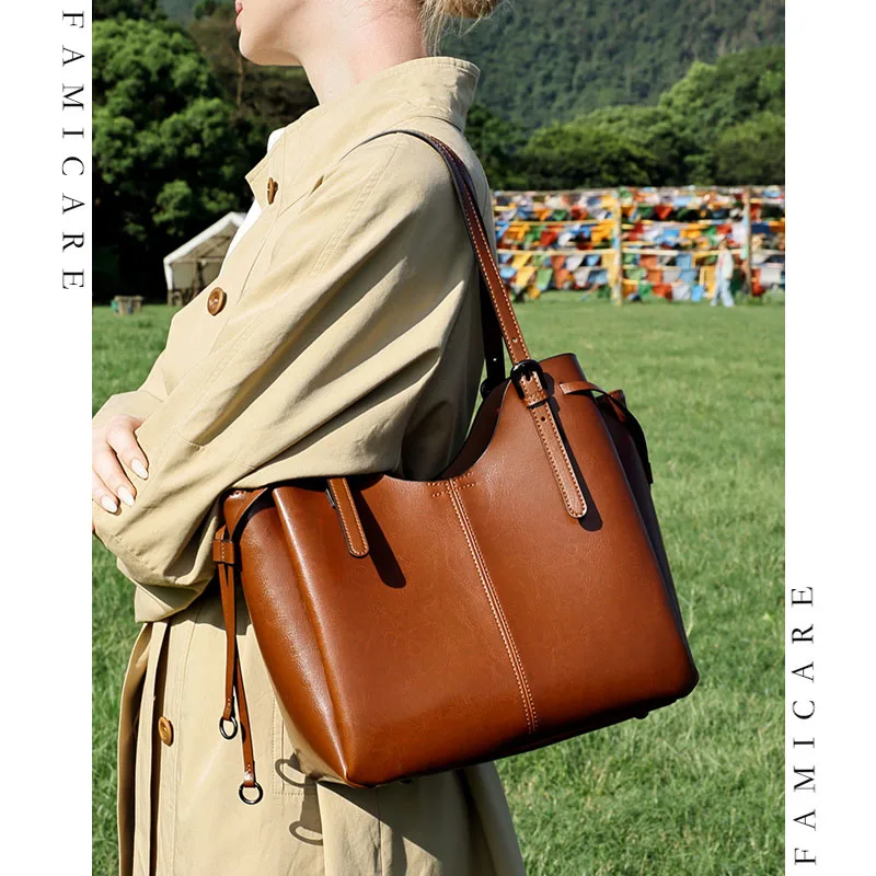 Fashion Vintage Split Waxed Leather Women Tote Bag Practical Multi Purpose Shoulder Bags RoomyLady Timeless Solid Color Handbag