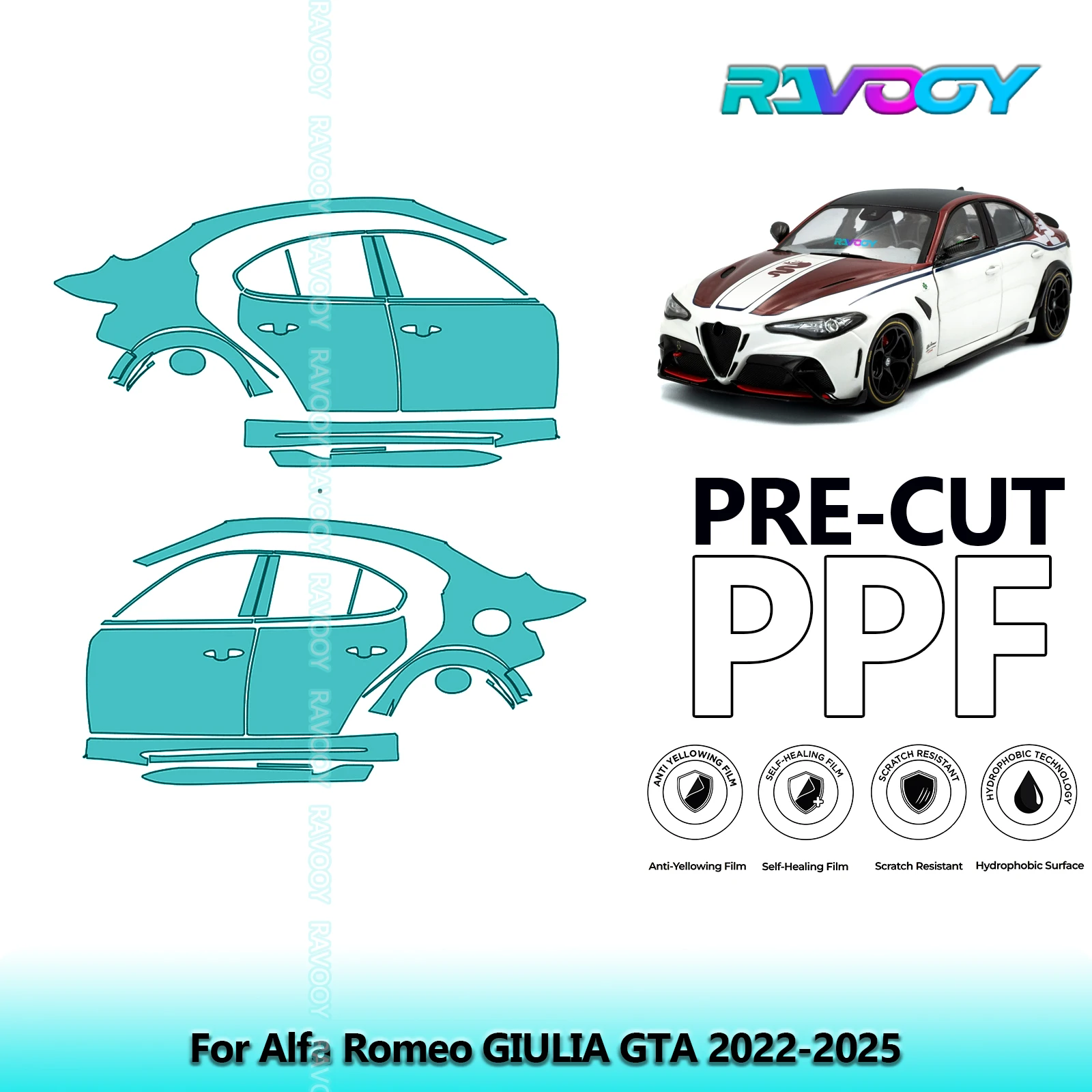 

For Alfa Romeo GIULIA GTA 2022-2025 8.5mil Clear Matte Pre-Cut PPF Door & A/B Pillar Kit TPU Paint Protection Film Set