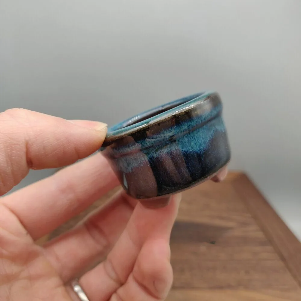 Round Blue Glazed Mini Mame Bonsai Pot 4.6x4.6x2.8cm