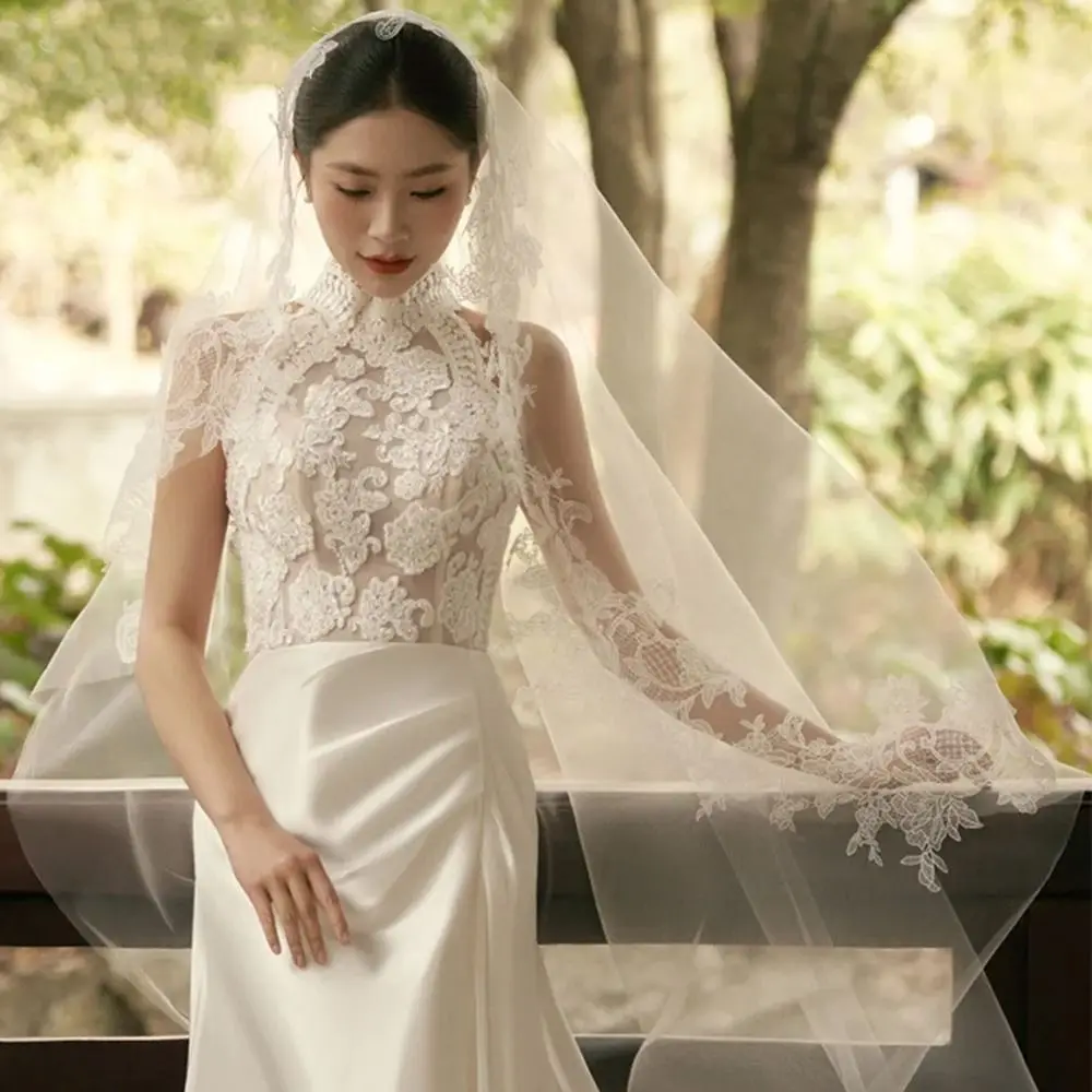 Voile de mariage en dentelle à long train pour femme, broderie de fleurs, bord en dentelle, tête en dentelle de fleur, gaze douce, une couche, coiffure de patients icidaires