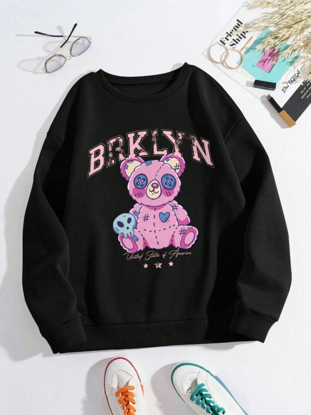 Brooklyn Sweatshirts Womens Kawaii Bear Printed Hoodies Crewneck Loose Fleece Warm Tops Winter Casual Comfortable Woman Clothes