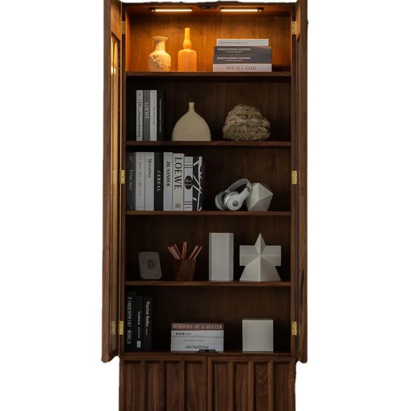 

North American Black Walnut All Solid Wood Bookcase Simple Modern Bookshelf Japanese Study Glass Display Cabinet Storage Cabinet