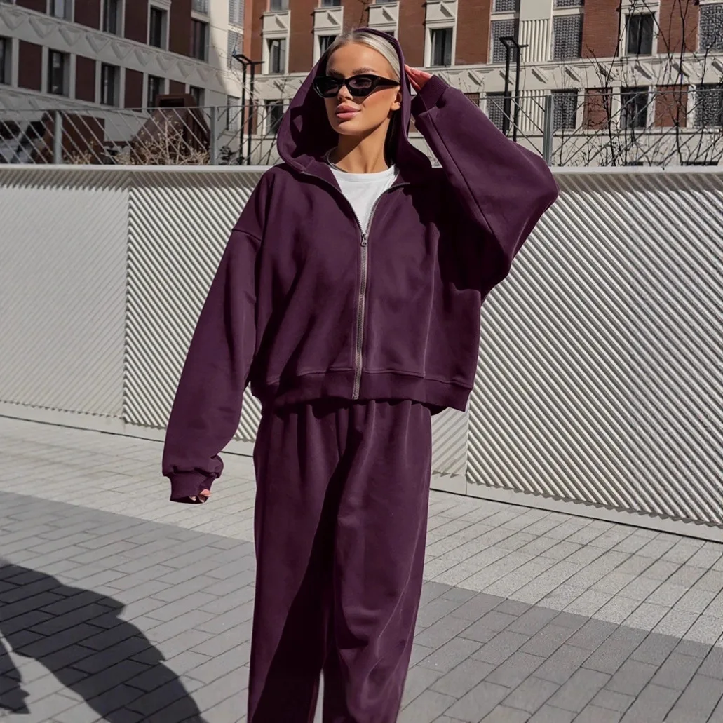 

2026 Autumn Women's Casual Loose Sports 2-Piece Set Solid Color Hooded Zipper Sweatshirt Jacket and Casual Loose Pants Set