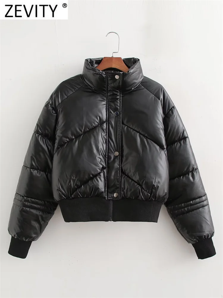 

ZEVITY 2024 Women New Fashionable Stand Collar Long Sleeve Cotton Padded Jacket Coat Female Casual Winter Chic Short Tops CT7215