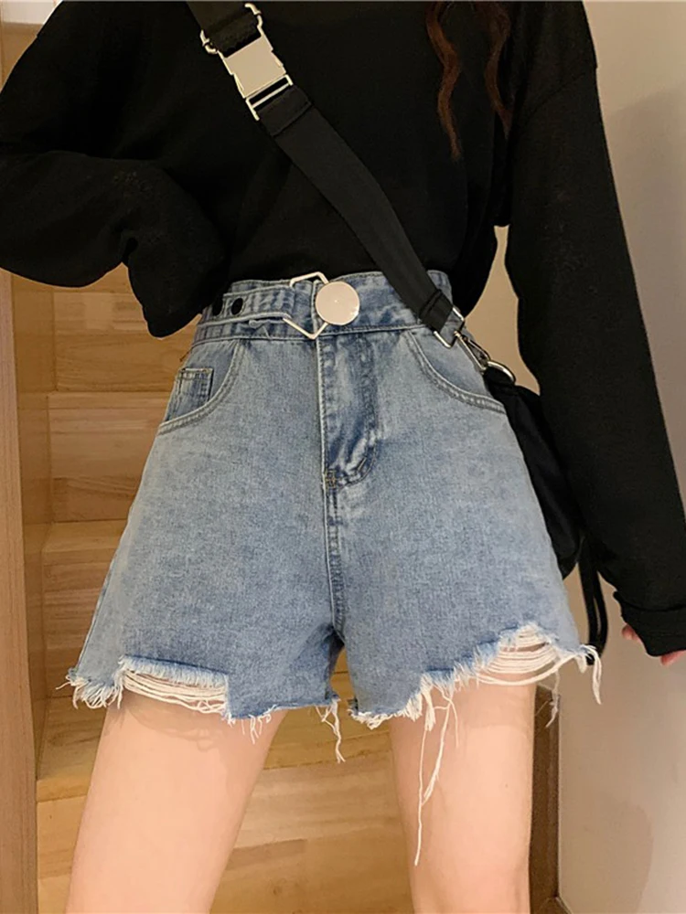 

Denim Shorts Women Summer New High Waist Ripped Hole Wide Leg Shorts Korean Loose All-matched Female A-line Short Jeans