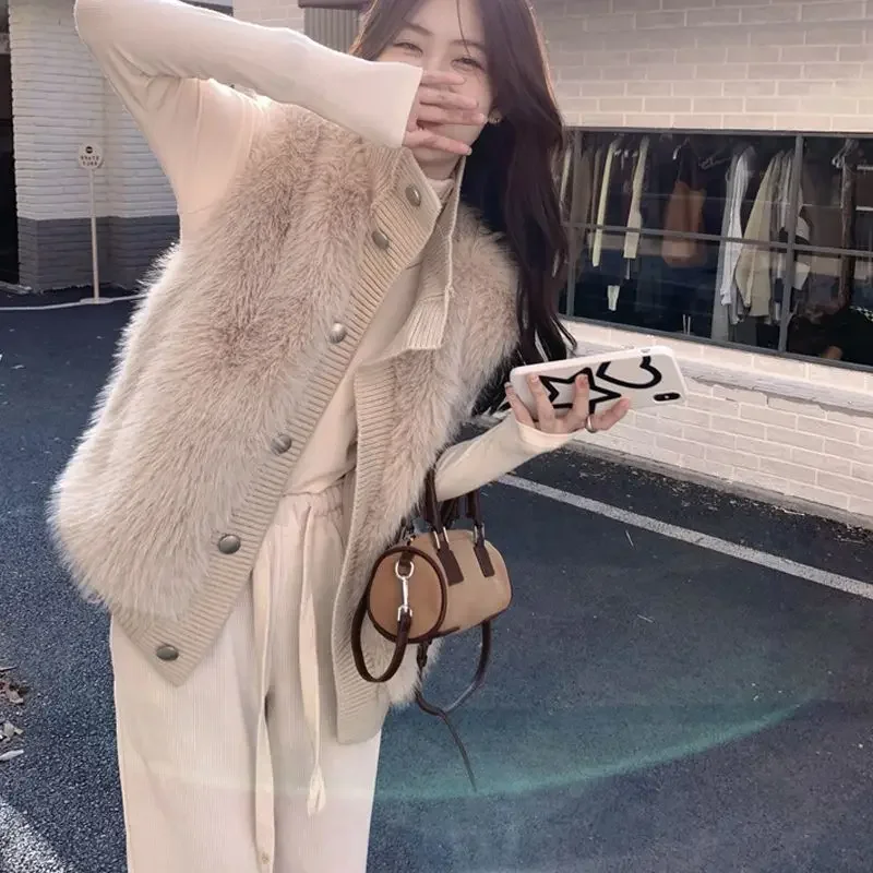 Women Fluffy Soft Vest Autumn Winter Stand Collar Knitted Patchwork Vest Sleeveless Jacket Knit Cardigan New Loose Tops Korean