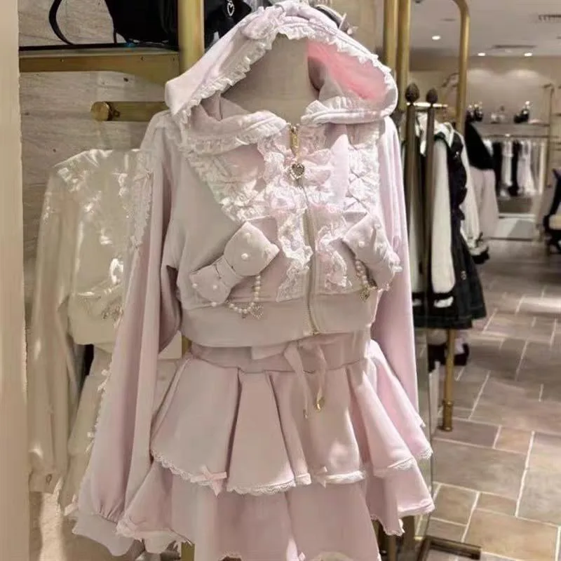 Bow Hoodie Mini Dresses Lace Y2K Sweet Cute Cardigan Zipper Long Sleeved Jacket Top A-line Short Skirt Girl 2 Piece Set Suit New