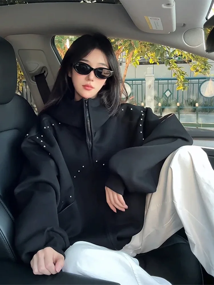 

Rivet Decosition High Collar Open Cardigan Hoodie ex Autumn Heavyweight Hardwearing Oversize High Street Couple's Jaet