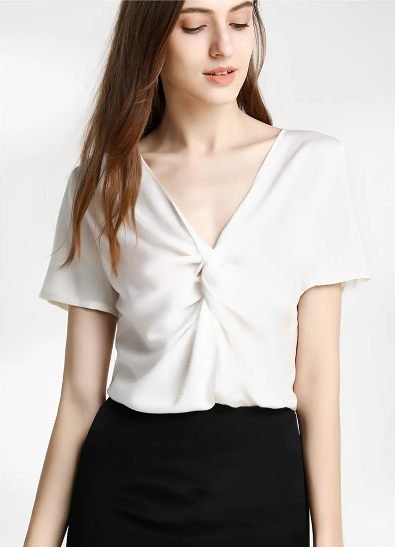 Plus size Summer Elegant Office Lady Commuter V-Neck ice silk Blouse White Vintage Short Sleeve Basic Satin Pullover Shirt 