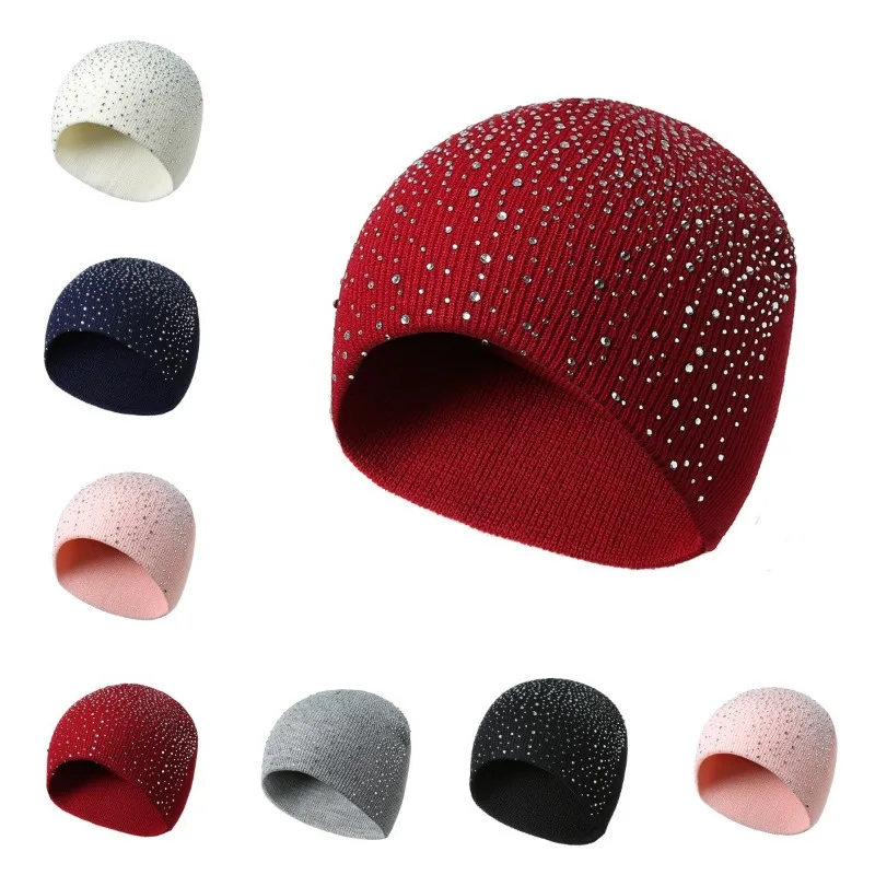 Ladies Glitter Rhinestone Studded Knitted Beanie Soft Elastic Close‑Fitting Winter Cap Accessory for Night Out Holiday Gathering