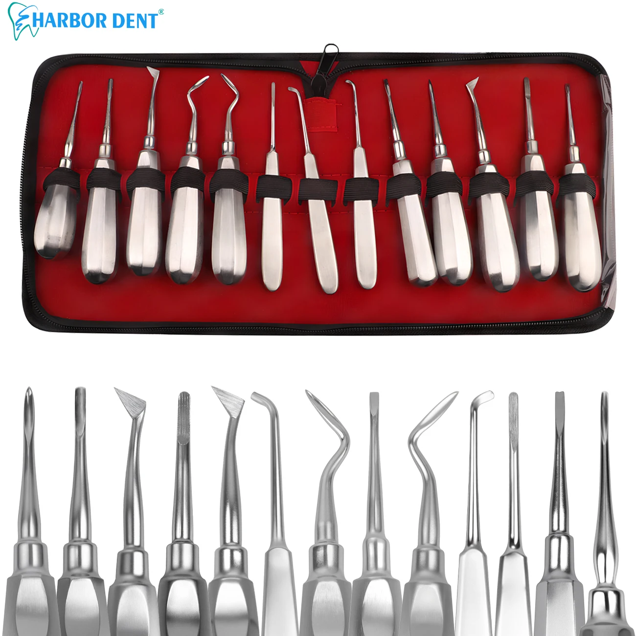 Dental Stainless Steel Plier 13Pcs Curved Root Forceps Hexagon Handle Extraction Elevator Kit Instruments Set