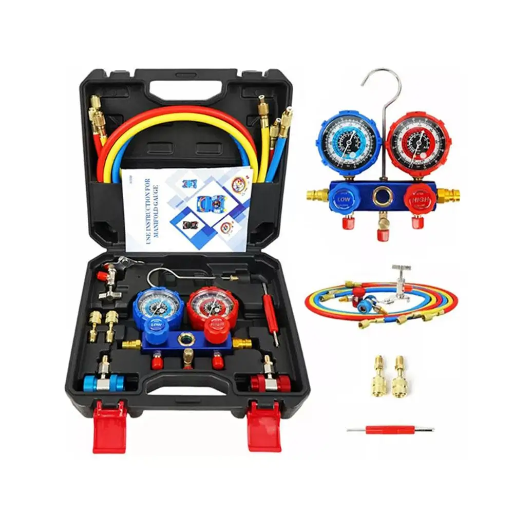 

Professional Automotive AC Refrigerant Recharge Tool Kit High Precision Pressure Gauge Quick Coupler Leak Proof Hose ABS Shell