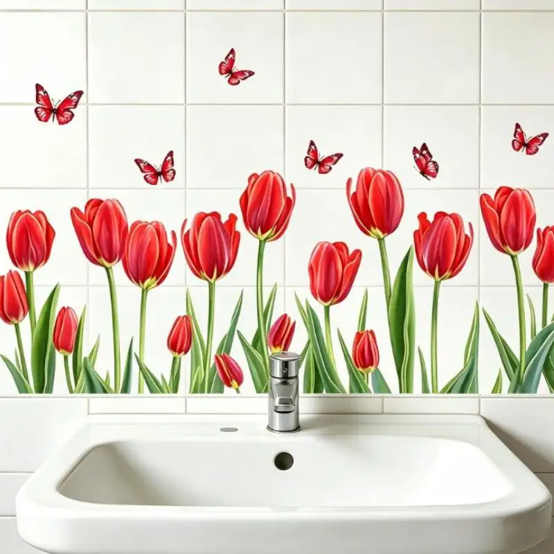New Fresh Floral Pattern Sink Area Background Wall Sticker Bathroom Wall Decoration Self-Adhesive Removable Waterproof Sticker