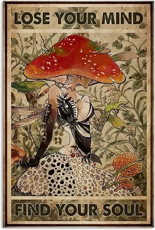 Decor Mushroom Girl Lose Your Mind Find Soul Bathroom Signs Cat Black  Spring in Tin Sign Home Art Metal Wall Poster
