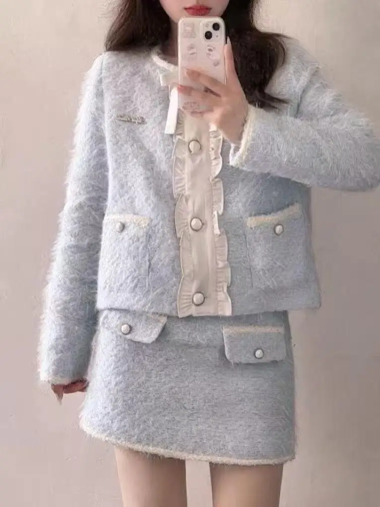 طقم نسائي كوري بتصميم فرنسي أنيق مكون من قطعتين أنيق للتنحيف الحلو الأزرق الدافئ طقم ملابس مكتب للسيدات ملابس الحفلات النسائية