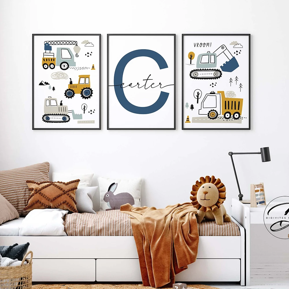 Custom Name Set of 3 Construction Vehicle Prints in Blue & Yellow Kids Room Wall Art Personalized Name Print Boys Room Gift